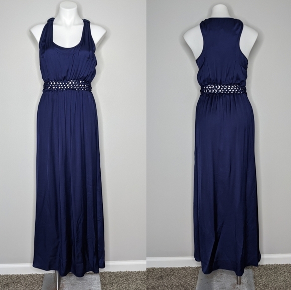 NWT Aijek navy satin maxi dress 10/12 - Picture 1 of 10